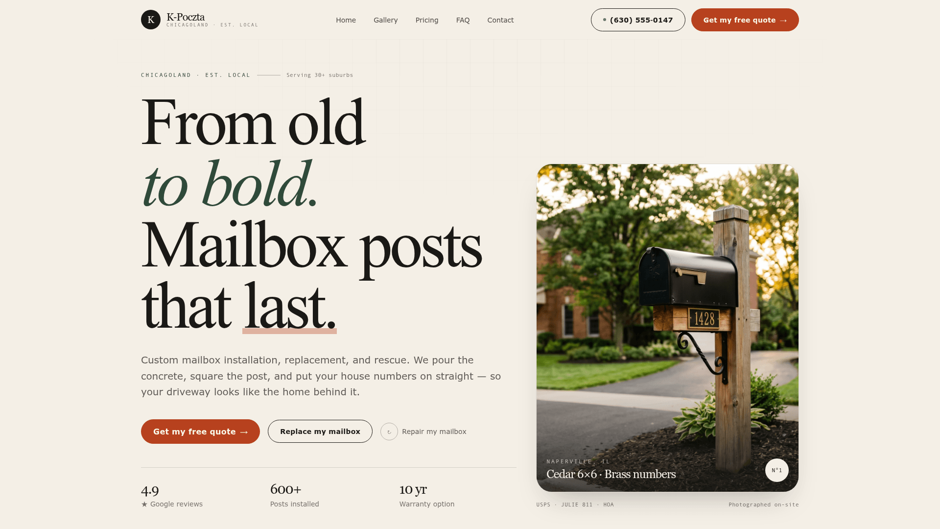 K-Poczta marketing site — a custom website built for a Chicagoland mailbox installation business