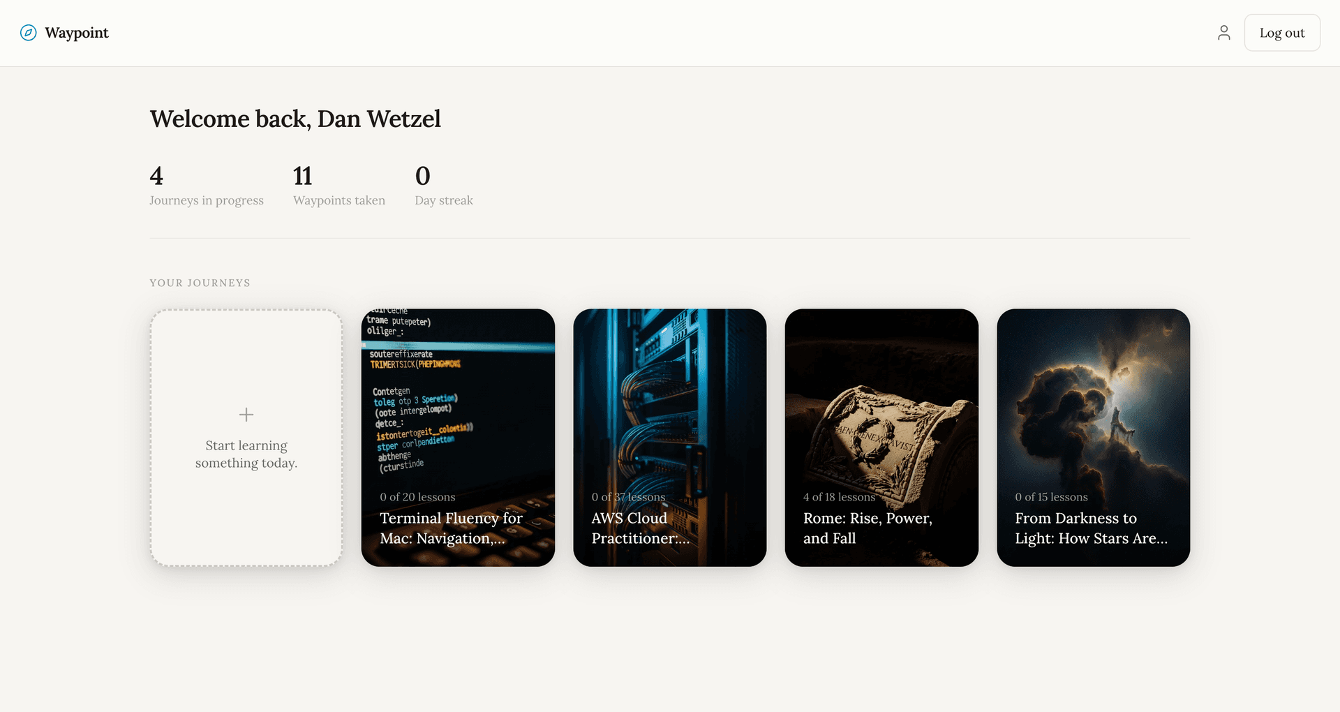Waypoint dashboard showing AI-generated learning journeys